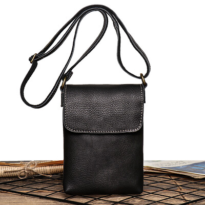 Retro preklápacia čierna malá kabelka cez rameno pre mužov z pravej kože, crossbody kabelky s menším dizajnom, jednoduchá pánska taška na mobilný telefón