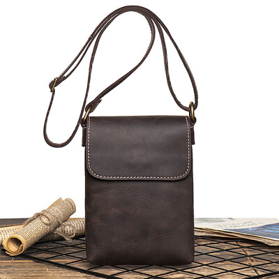 Retro preklápacia čierna malá kabelka cez rameno pre mužov z pravej kože, crossbody kabelky s menším dizajnom, jednoduchá pánska taška na mobilný telefón