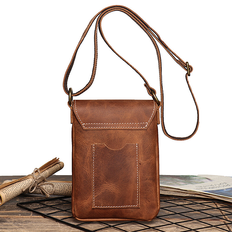 Retro preklápacia čierna malá kabelka cez rameno pre mužov z pravej kože, crossbody kabelky s menším dizajnom, jednoduchá pánska taška na mobilný telefón