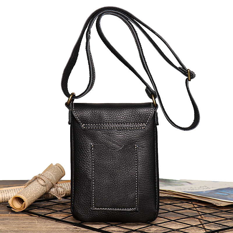 Retro preklápacia čierna malá kabelka cez rameno pre mužov z pravej kože, crossbody kabelky s menším dizajnom, jednoduchá pánska taška na mobilný telefón