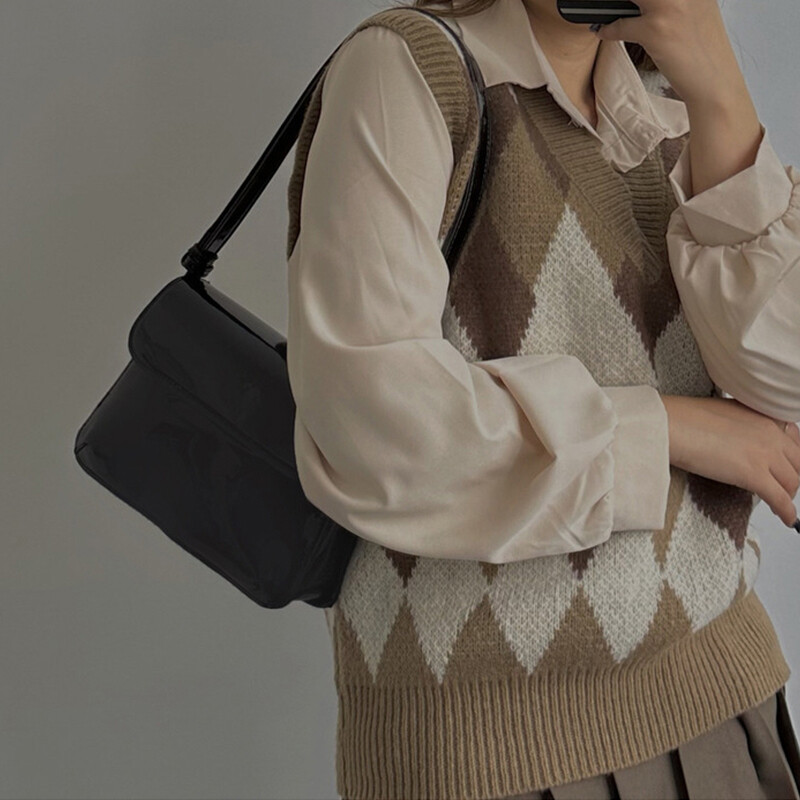 Klasszikus piros, fényes válltáska nőknek PU bőr Hasp Design női ingázó táska, női kézitáska és pénztárca