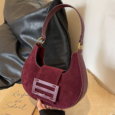 Bordová luxusná kabelka do podpazušia, jeseň/zima 2024, dámska matná semišová PU elegantná crossbody kabelka s retro textúrou