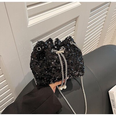 Πολυτελής τσάντα ώμου με πούλιες για δεξιώσεις Μόδα κουβάς γυαλιστερές τσάντες χεριού Χρυσή ασημί αλυσίδα χιαστί μασχάλης για γυναίκες κορίτσι