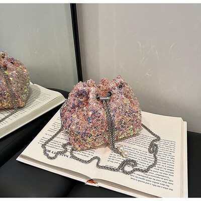 Πολυτελής τσάντα ώμου με πούλιες για δεξιώσεις Μόδα κουβάς γυαλιστερές τσάντες χεριού Χρυσή ασημί αλυσίδα χιαστί μασχάλης για γυναίκες κορίτσι