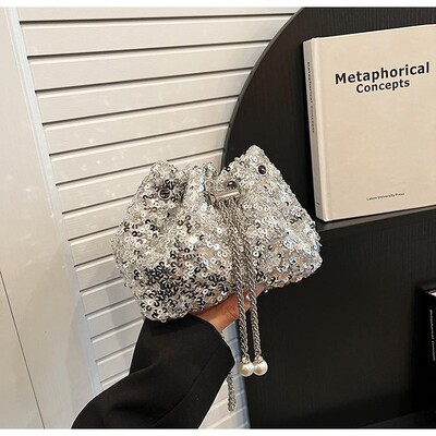 Πολυτελής τσάντα ώμου με πούλιες για δεξιώσεις Μόδα κουβάς γυαλιστερές τσάντες χεριού Χρυσή ασημί αλυσίδα χιαστί μασχάλης για γυναίκες κορίτσι