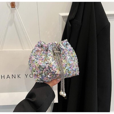 Πολυτελής τσάντα ώμου με πούλιες για δεξιώσεις Μόδα κουβάς γυαλιστερές τσάντες χεριού Χρυσή ασημί αλυσίδα χιαστί μασχάλης για γυναίκες κορίτσι