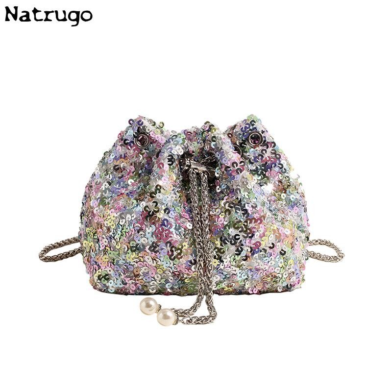 Πολυτελής τσάντα ώμου με πούλιες για δεξιώσεις Μόδα κουβάς γυαλιστερές τσάντες χεριού Χρυσή ασημί αλυσίδα χιαστί μασχάλης για γυναίκες κορίτσι