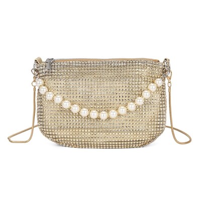 Dámska ležérna lesklá večerná banketná kabelka, malá peňaženka s kamienkami, crossbody kabelka s retiazkou, mini vedrová kabelka
