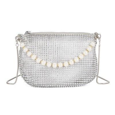 Dámska ležérna lesklá večerná banketná kabelka, malá peňaženka s kamienkami, crossbody kabelka s retiazkou, mini vedrová kabelka