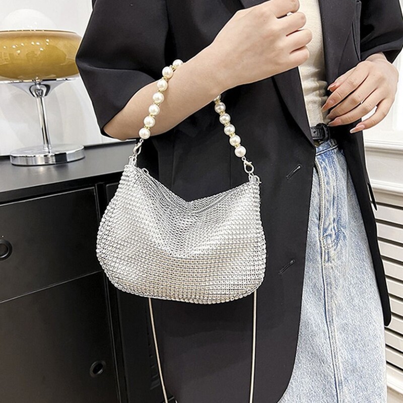 Dámska ležérna lesklá večerná banketná kabelka, malá peňaženka s kamienkami, crossbody kabelka s retiazkou, mini vedrová kabelka