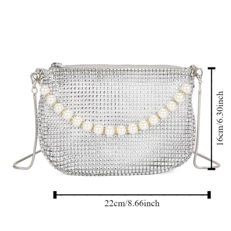 Dámska ležérna lesklá večerná banketná kabelka, malá peňaženka s kamienkami, crossbody kabelka s retiazkou, mini vedrová kabelka