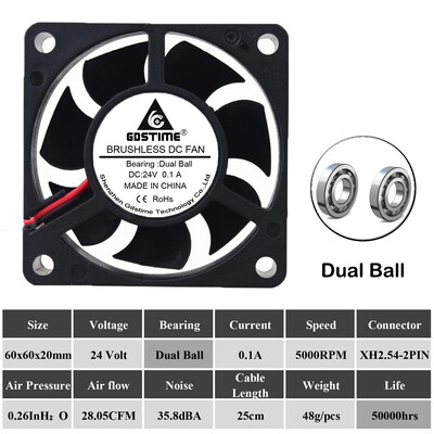 2 vnt Gdstime DC 24V 12V 60x60x20mm 60mm rutulinis guolis ašinis bešepetis spausdintuvo aušintuvo ventiliatorius 60mmx20mm 6cm radiatoriaus aušinimo ventiliatorius