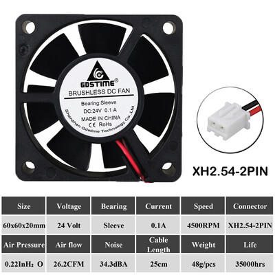 2 vnt Gdstime DC 24V 12V 60x60x20mm 60mm rutulinis guolis ašinis bešepetis spausdintuvo aušintuvo ventiliatorius 60mmx20mm 6cm radiatoriaus aušinimo ventiliatorius