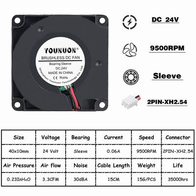 2PCS YOUNUON 40mm 3D ventilator za pisač 12V 24V 5V 4010 Dodaci za hlađenje pisača za puhalo DC Turbo ventilator za puhanje Radijalni ventilatori 40x40x10mm