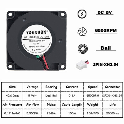 2Vnt YOUNUON 40mm 3D spausdintuvo ventiliatorius 12V 24V 5V 4010 ventiliatorius spausdintuvo aušinimo priedai DC turbo ventiliatorius radialiniai ventiliatoriai 40x40x10mm