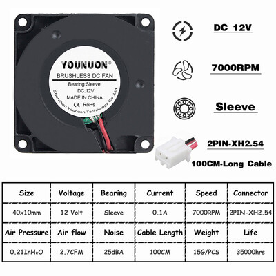 2Vnt YOUNUON 40mm 3D spausdintuvo ventiliatorius 12V 24V 5V 4010 ventiliatorius spausdintuvo aušinimo priedai DC turbo ventiliatorius radialiniai ventiliatoriai 40x40x10mm