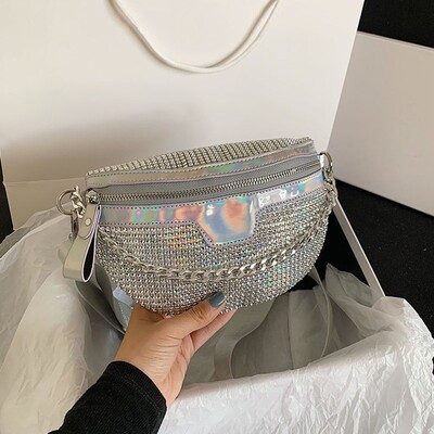 Sieviešu krūšu komplekts Modes panku soma Glitter Fanny Pack Travel Crossbody krūšu soma Tālruņa maisiņš Gurnu jostas soma Rhinestone jostas soma