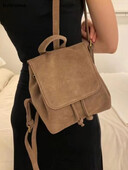 Dirbtinės zomšos kuprinės su atvartais Moteriškos senovinės klasikinės laisvalaikio didelės talpos prašmatnus korėjietiško stiliaus koledžo populiarūs mergaitiški studentų krepšiai