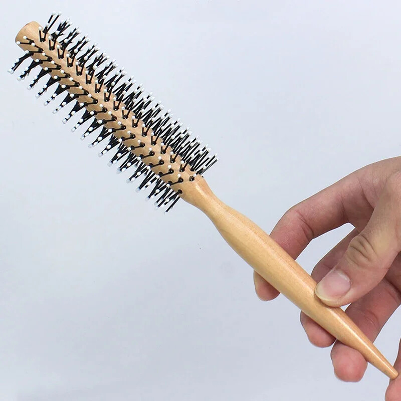 Mini okrúhla nylonová kefa na vlasy, hrebeň na kučeravé vlasy, valčekový hrebeň, okrúhla kefa pre tenké alebo krátke vlasy, muži s drevenou rukoväťou
