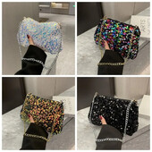 Jednofarebná flitrovaná crossbody kabelka, jednoduchá retiazka, malá štvorcová kabelka, kabelka pod pazuchu, večerná kabelka, dámska spojka