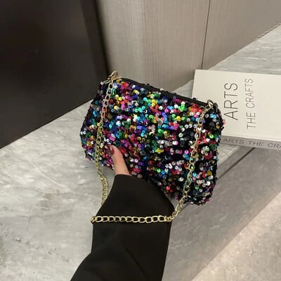 Jednofarebná flitrovaná crossbody kabelka, jednoduchá retiazka, malá štvorcová kabelka, kabelka pod pazuchu, večerná kabelka, dámska spojka