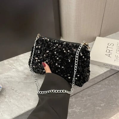 Jednofarebná flitrovaná crossbody kabelka, jednoduchá retiazka, malá štvorcová kabelka, kabelka pod pazuchu, večerná kabelka, dámska spojka