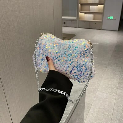Jednofarebná flitrovaná crossbody kabelka, jednoduchá retiazka, malá štvorcová kabelka, kabelka pod pazuchu, večerná kabelka, dámska spojka