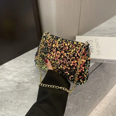 Jednofarebná flitrovaná crossbody kabelka, jednoduchá retiazka, malá štvorcová kabelka, kabelka pod pazuchu, večerná kabelka, dámska spojka