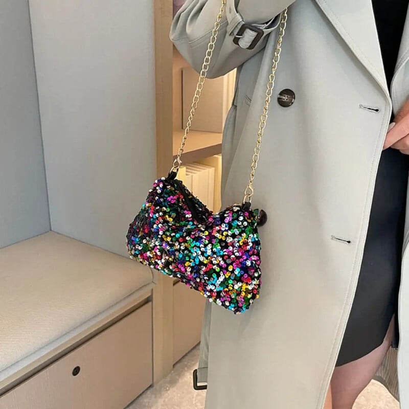 Jednofarebná flitrovaná crossbody kabelka, jednoduchá retiazka, malá štvorcová kabelka, kabelka pod pazuchu, večerná kabelka, dámska spojka