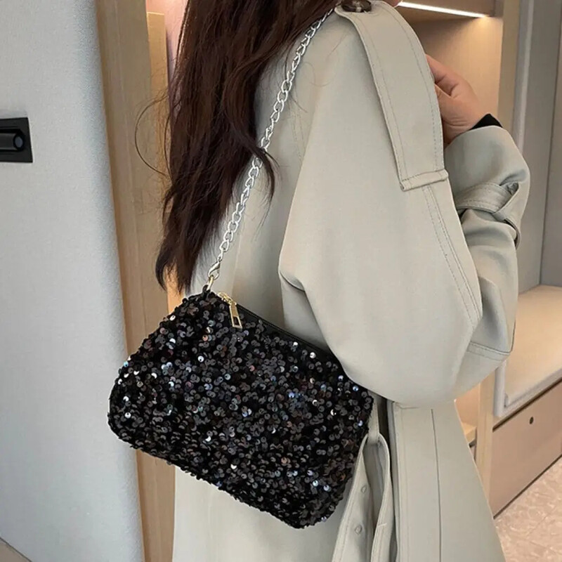 Jednofarebná flitrovaná crossbody kabelka, jednoduchá retiazka, malá štvorcová kabelka, kabelka pod pazuchu, večerná kabelka, dámska spojka