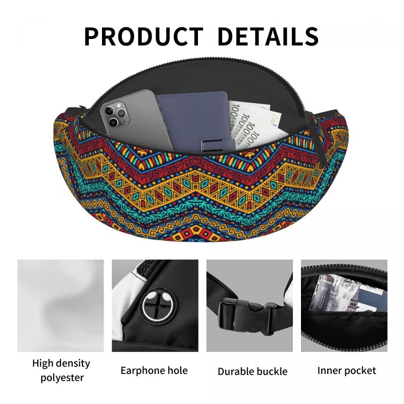 Színes afrikai törzsi mintás Fanny Pack férfiaknak Női Afrika Ankara Nyomtatás Crossbody deréktáska Utazós telefon pénzes tasak