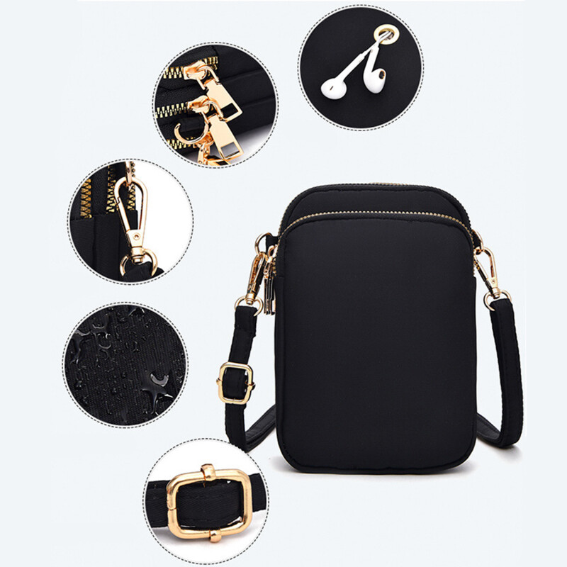 Moterų mini krepšys kryžminio užtrauktuko pečių krepšiai Mobiliojo telefono piniginė Vertikali daugiafunkcinė piniginė Juodi vaikščiojantys skersiniai krepšiai