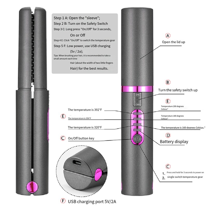 Bežična pegla za kosu, glačalo 2 u 1, prijenosno s USB-C punjivom baterijom od 5000 Mah, keramička ploča jednostavna za korištenje, siva
