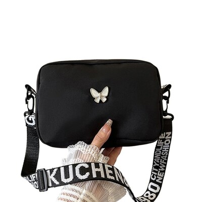 Найлонова чанта за подарък през рамо Butterly Black&white Crossbody Bag Trend Wide Belt Messenger bag