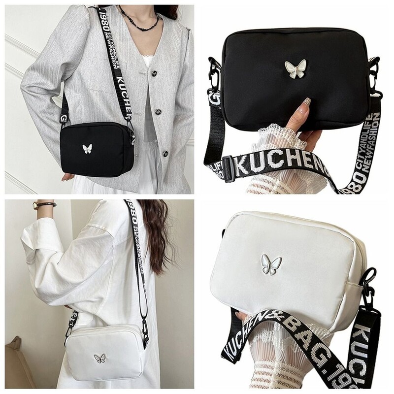 Найлонова чанта за подарък през рамо Butterly Black&white Crossbody Bag Trend Wide Belt Messenger bag
