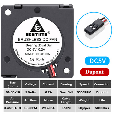 2 vnt Gdstime dvigubas rutulinis guolis 30x30x10mm ventiliatorius DC 5V/12V/24V 30mm 3010 turbopūtės aušinimo ventiliatorius 3D spausdintuvo aušintuvo ventiliatorius