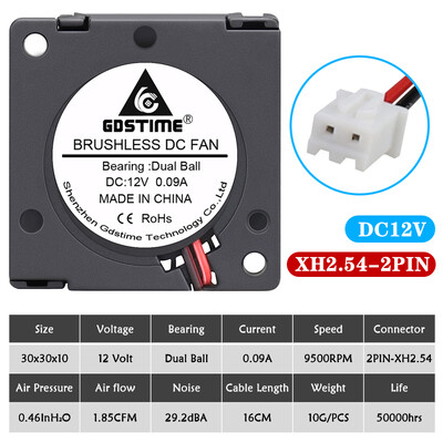 2 vnt Gdstime dvigubas rutulinis guolis 30x30x10mm ventiliatorius DC 5V/12V/24V 30mm 3010 turbopūtės aušinimo ventiliatorius 3D spausdintuvo aušintuvo ventiliatorius