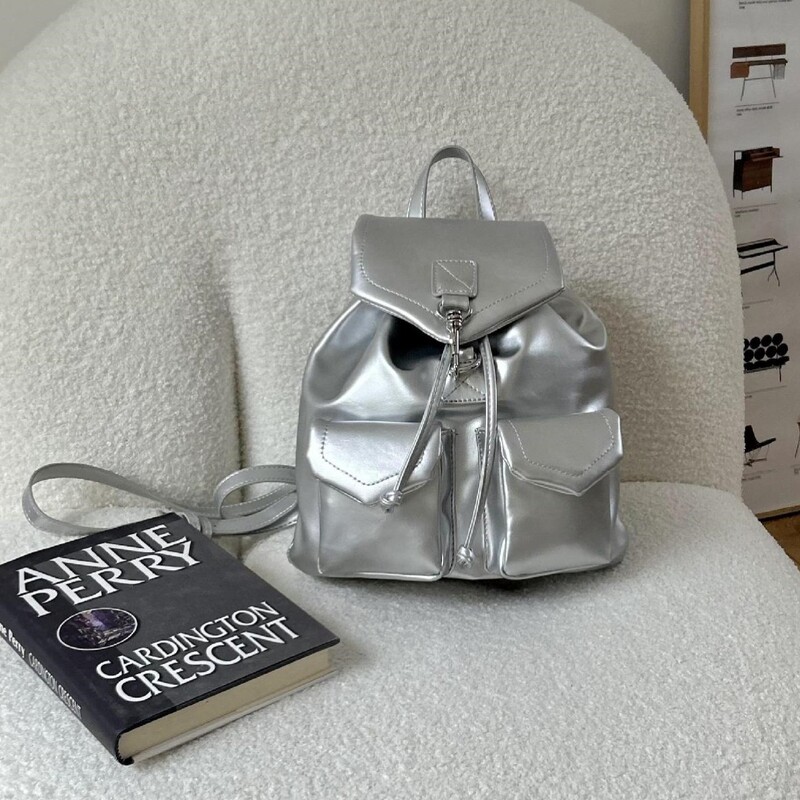Y2K vintage ezüst női hátizsák PU bőr iskolatáskák tinédzsereknek lányoknak luxus hátizsákok kis húzózsinóros háti hátizsák