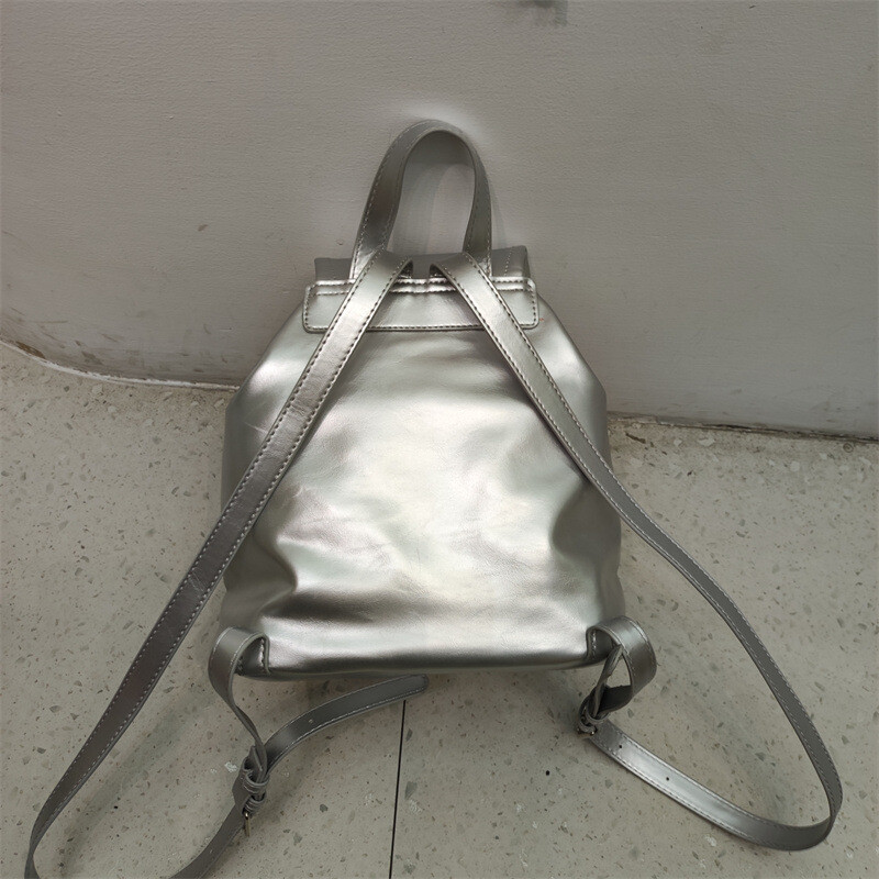Y2K vintage ezüst női hátizsák PU bőr iskolatáskák tinédzsereknek lányoknak luxus hátizsákok kis húzózsinóros háti hátizsák