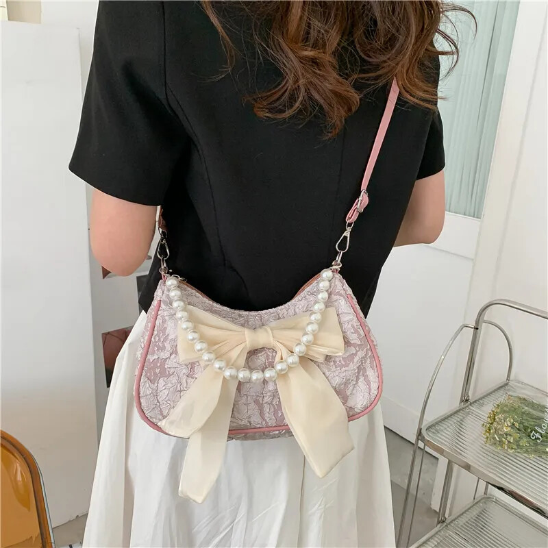 Perlová dámska kabelka, retro luxusná dizajnérska kabelka s mašľou, crossbody kabelky, módne plátené dámske kabelky cez rameno z roku 2024