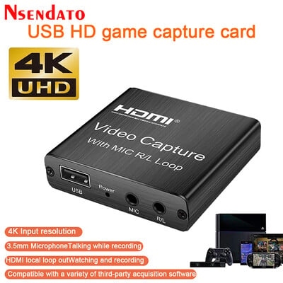 4K USB2.0 vaizdo įrašymo kortelė USB 2.0 HDMI vaizdo griebtuvo įrašymo dėžutė su mikrofono kilpa R/L, skirta PS4 žaidimų DVD įrašymui tiesioginiam srautui