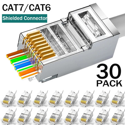 1/10/30 db RJ45 Cat7/Cat6/Cat5 árnyékolt csatlakozók kristályvég, aranyozott 8P8C krimpelt UTP Ethernet moduláris csatlakozó