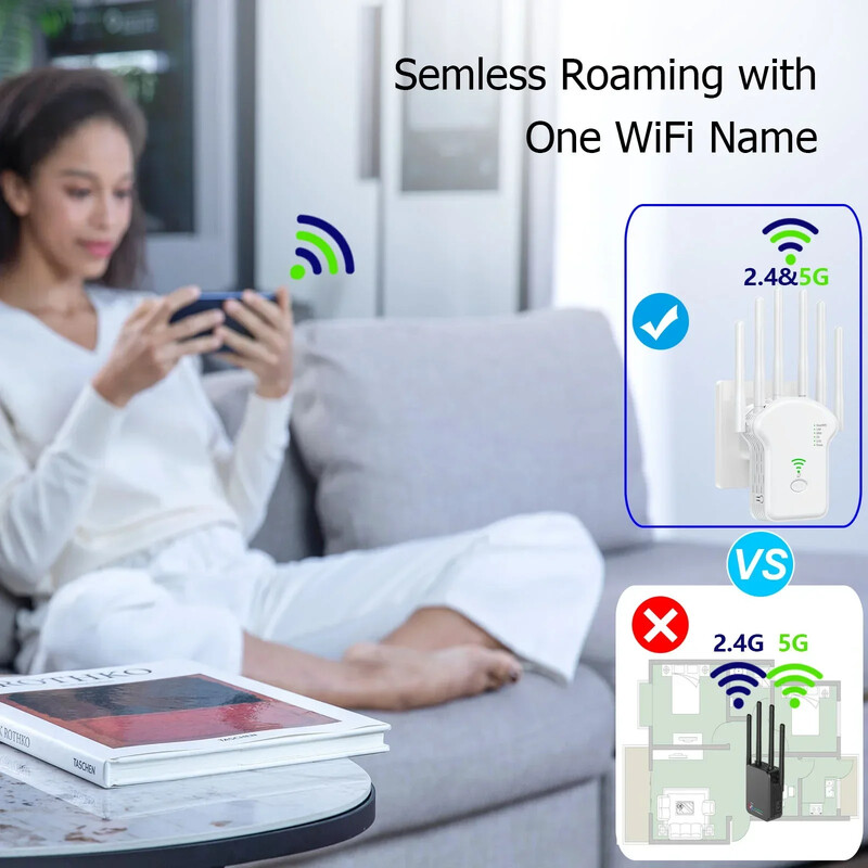 WiFi atkārtotājs Bezvadu maršrutētājs 1200Mbps 2.4G 5G signāla vāka paplašinātājs High Gain 6 antenas tīkla pastiprinātāja diapazona signāla pastiprinātājs