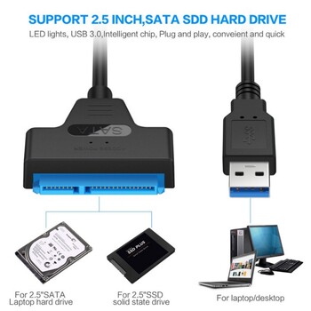 SATA към USB 3.0 / 2.0 кабел До 6 Gbps за 2,5-инчов външен HDD SSD твърд диск SATA 3 22-пинов адаптер USB 3.0 към Sata III кабел