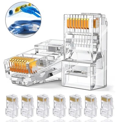 100PC RJ45 Ethernet kábelek Modul dugó Hálózati csatlakozó Crystal Heads Cat5 aranyozott hálózati kábel számítógépes TV-hez