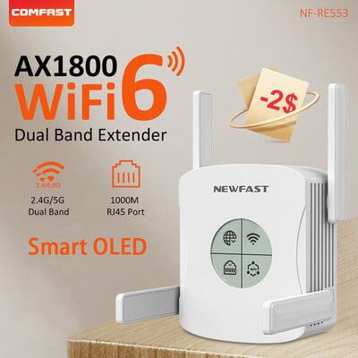 WiFi6 1800Mbps Repeater Router 2.4/5G Long Range Extender WiFi Gigabit Amplifier 4 Entenna Signal Booster Smart Repeteur OLED