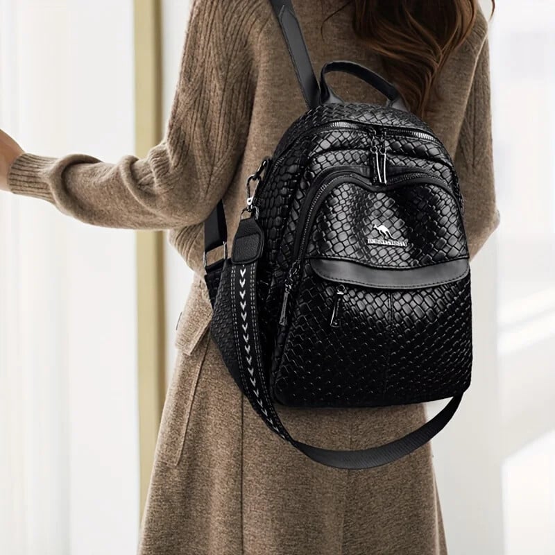 Madinga juoda PU odinė kuprinė su austu raštu, nedidelė laisvalaikio kuprinė, universalus kelioninis krepšys su kniedėmis dekoruotu dirželiu