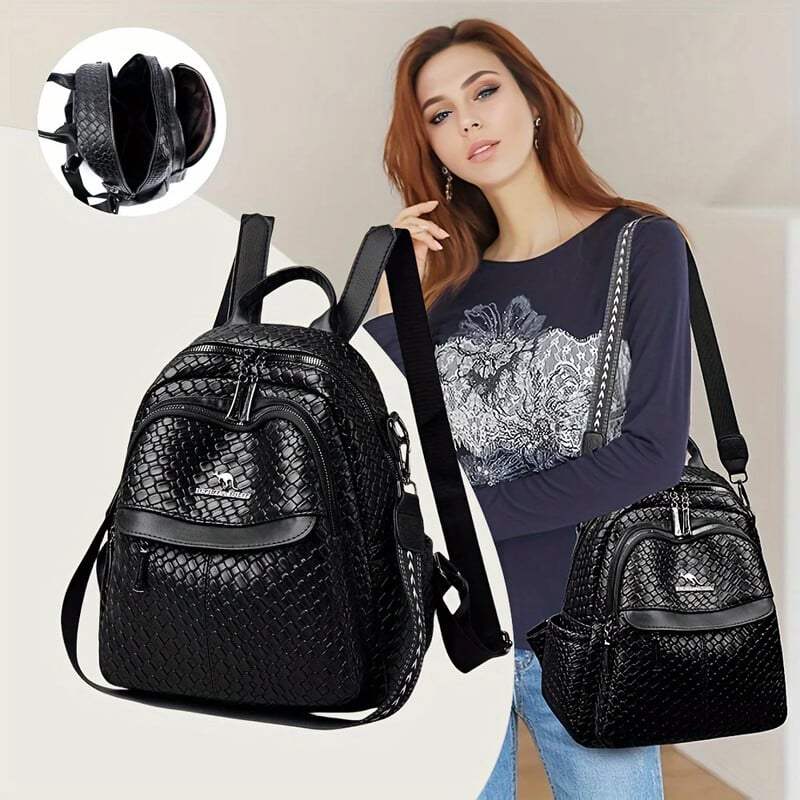 Madinga juoda PU odinė kuprinė su austu raštu, nedidelė laisvalaikio kuprinė, universalus kelioninis krepšys su kniedėmis dekoruotu dirželiu