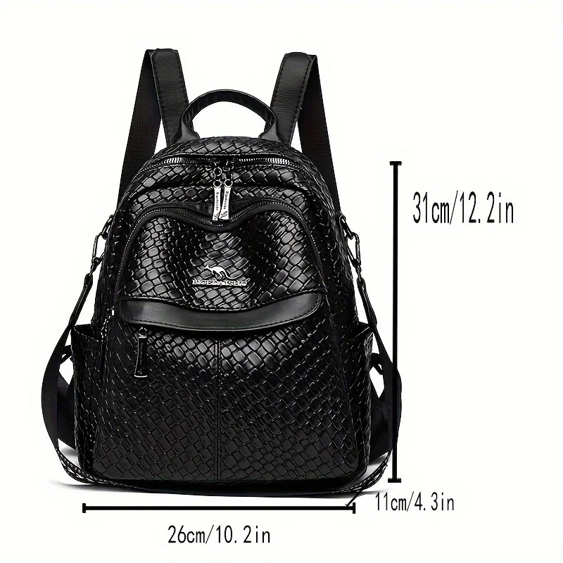 Madinga juoda PU odinė kuprinė su austu raštu, nedidelė laisvalaikio kuprinė, universalus kelioninis krepšys su kniedėmis dekoruotu dirželiu