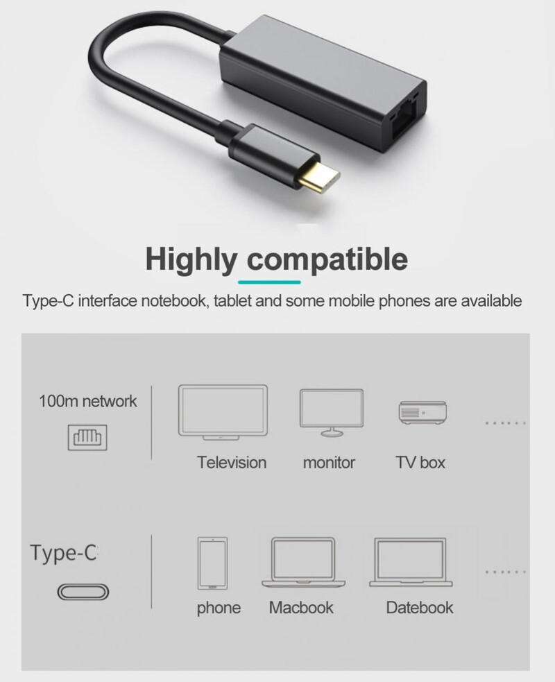 USB C 100/1000 Mbps Etherneti adapter Type-C to RJ45 LAN stabiilne väline võrgukaart sülearvutitele mobiiltelefonidele tahvelarvutitele